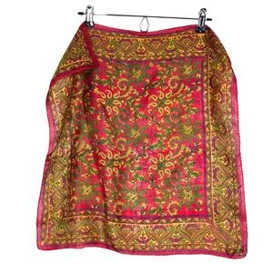 Vintage‎ Silk Paisley Scarf Red Gold Green Hand Rolled Hem 21" Square India Made